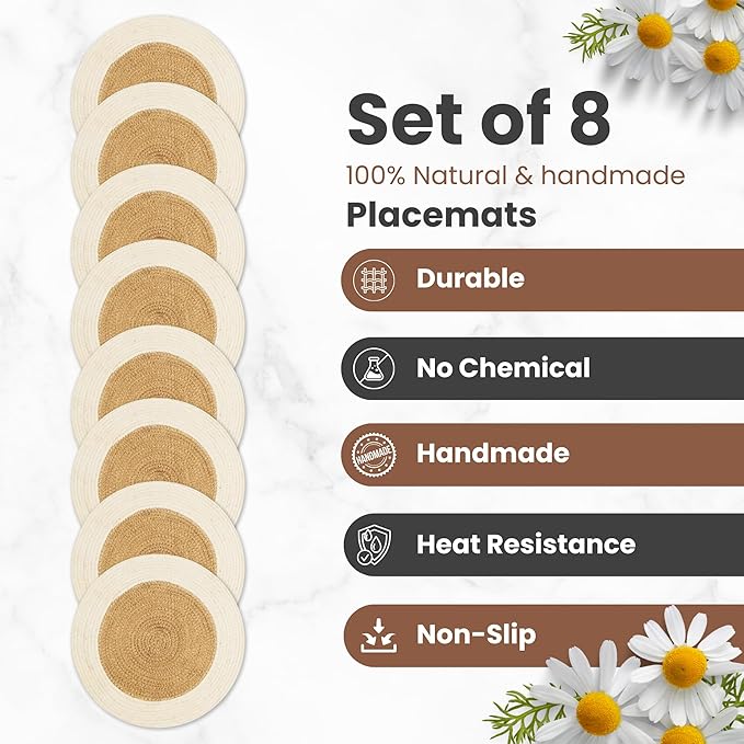 Eco Crave Jute Round Placemats Set of 8 – Hand Woven Natural Beige Jute with White Rim, 13 Inch Farmhouse Rustic Dining Drawstring Table Mats, Wicker Heat Resistant Durable Eco-Friendly Table Decor