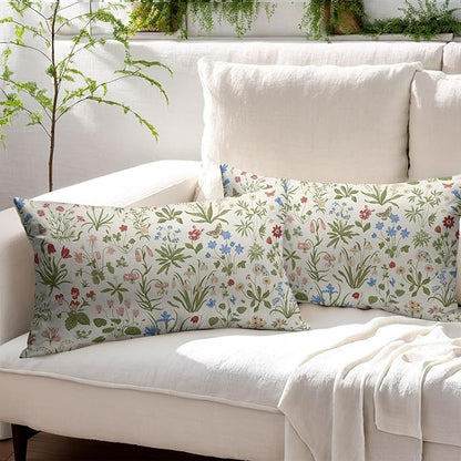 Vitage Floral Lumbar Pillow Covers 12x20 Set of 2 Spring Green Red Cream Pattern Rustic Decorative Outdoor Farmhouse Zipper Flower Pillowcases Decorations Throw Cushion Cover Decor for Couch Sofa Bed