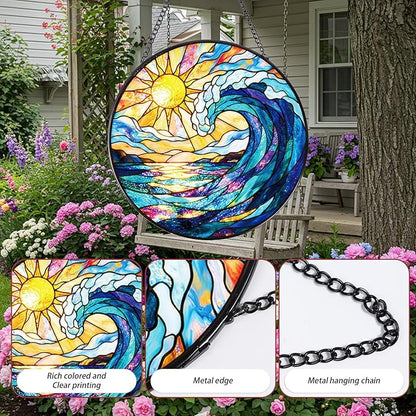 Rngmsi Stained Glass Window Hanging, 7.8″ Sea Sun Catchers with Hook Indoor Window Decor, Decorative Suncatchers Hanging Ornaments Home Garden Art Gift for Housewarming