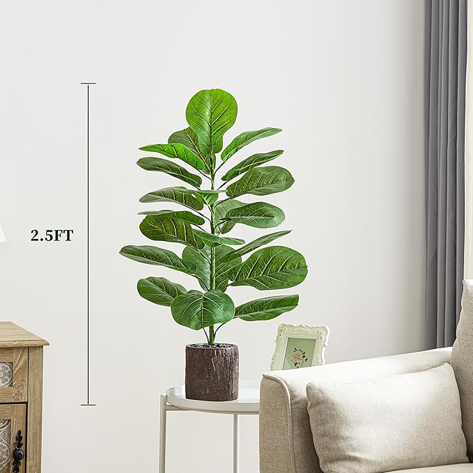 2 Pack Artificial Fiddle Leaf Fig Tree 30in, Large Realistic Faux Ficus Lyrata Plant with Pot Table Top Faux Plant for Indoor Outdoor Home, Office, Living Room, Bathroom Decor (Wood-grain pot, 30in-2)