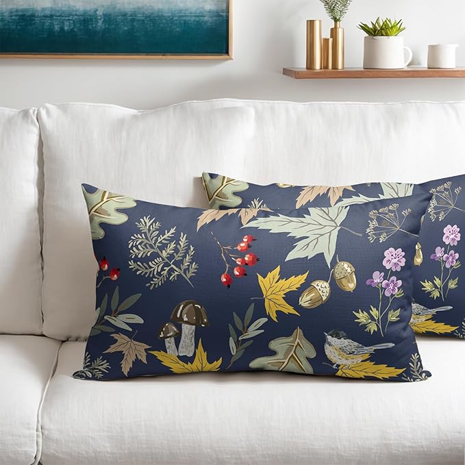 Bird Fall Lumbar Pillow Covers 12x20 Set of 2 Navy Autumn Leaf Animal Print Pillow Cases Mushroom Acorns Outdoor Decorative Holiday Cushion Cover Rustic Decoration Farmhouse Home Sofa Couch Bed Decor