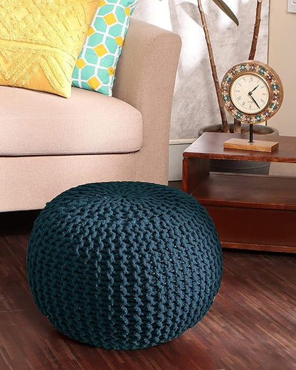 REDEARTH · Round Pouf Bean Bag Ottoman - Foot Stool Hand Knitted - Home Decor Pouffe Stuffed - Cable Boho Poof Beanbag Footrest for Living Room - Nursery - Bedroom - Patio (19.5"x19.5"x14") - Teal