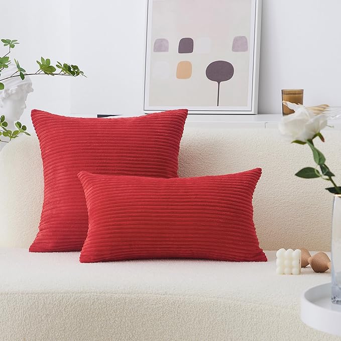 Home Brilliant Red Pillow Covers 18x18 Decorative Corduroy Plush Throw Pillows for Couch Holiday Wedding Valentines, Set of 2, Red