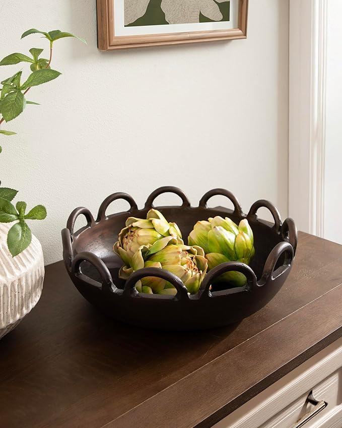 Kate and Laurel Lusila Vintage Metal Food-Safe Bowl, 12 Inch Diameter, Bronze, Classic Scalloped Loop Bowl for Use as Serving Bowl or Decorative Fruit Bowl