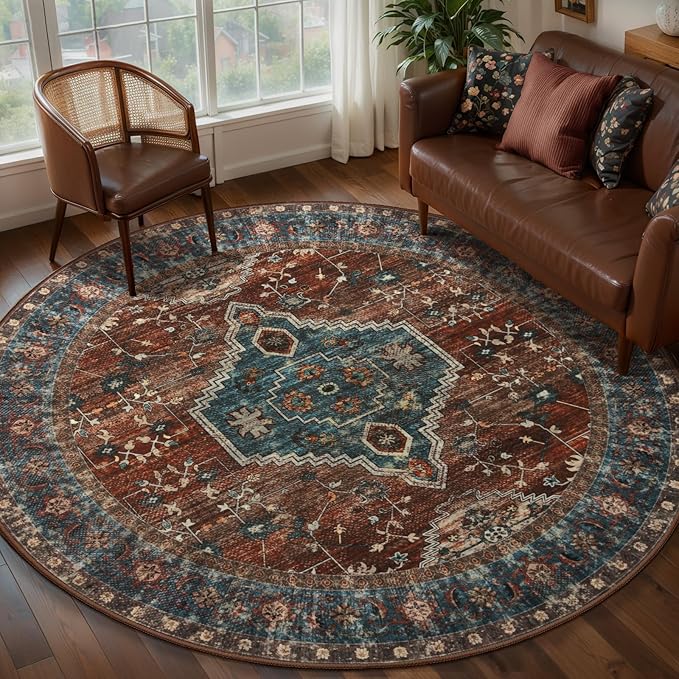 Tangsoo Oriental Circle Rug Washable Round Rugs 4ft, Non Slip Small Boho Round Area Rug, Vintage Low Pile Circular Rugs, Round Carpet for Living Room Bedroom,Entryway,Nursery,Dorm,Rust/Blue