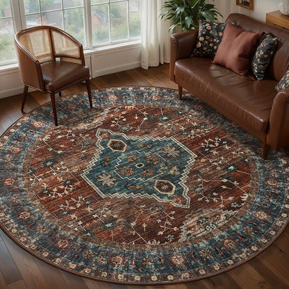 Tangsoo Oriental Circle Rug Washable Round Rugs 4ft, Non Slip Small Boho Round Area Rug, Vintage Low Pile Circular Rugs, Round Carpet for Living Room Bedroom,Entryway,Nursery,Dorm,Rust/Blue