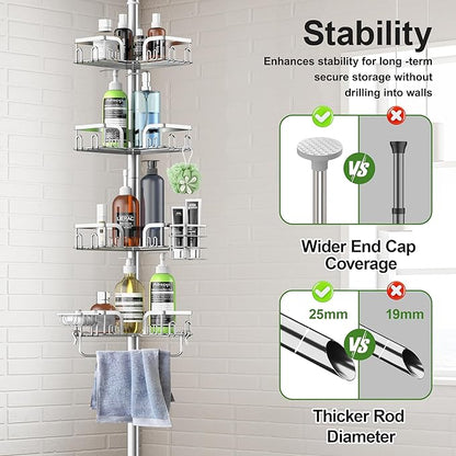 Corner Shower Caddy Tension Pole 4 Tier Adjustable Stainless Steel Shower Shelf for Inside Shower Bathtub Shampoo,Standing Bathroom Organizer Shelves with 39 to 113 inch Height