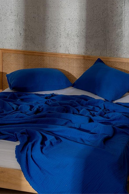 Muslin Blanket - Pure 100% Turkish Cotton Airy Soft Light Versatile Gauze Throw Blanket for Bed, Couch, Sofa (Blue, Queen XL Size (95" x 95" inch))