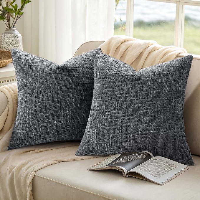 decorUhome Spring Dark Grey Chenille Euro Sham Throw Pillow Covers 22x22 Set of 2 Textured Slubby Couch Pillow Covers Farmhouse Accent Modern Neutral Decorative Pillow Cases for Bed Sofa Living Room