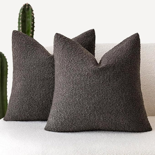 Foindtower Pack of 2 Textured Boucle Throw Pillow Covers Accent Solid Decorative Pillow Cases Cozy Woven Couch Cushion Case for Sofa Bedroom Living Room Home Decor, 18 x 18 Inch,Dark Brown