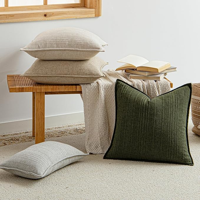 a moment Linen Pillow Covers Set of 2,Boho Farmhouse Throw Pillowcases Neutral Textured Decorative Covers for Couch Sofa,Linen Blend Accent Case Cushion Living Room Home Decor 18"x18"Dark Green