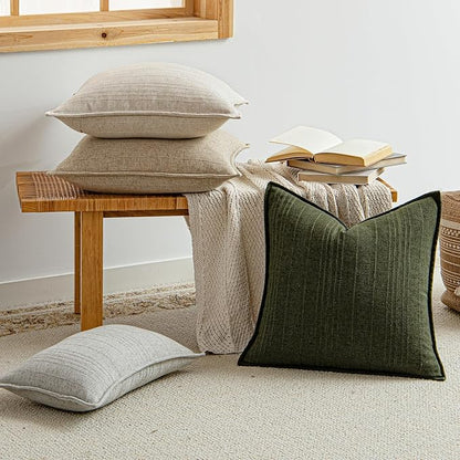 a moment Linen Pillow Covers Set of 2,Boho Farmhouse Throw Pillowcases Neutral Textured Decorative Covers for Couch Sofa,Linen Blend Accent Case Cushion Living Room Home Decor 22"x22"Dark Green