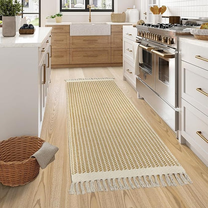 Lahome Boho Bathroom Runner Rug, 2x6 Laundry Room Lightweight Entry Runner Woven Cotton Throw Carpet with Tassels, Farmhouse Non Shedding Washable Rugs Low Pile for Kitchen Hallway, Khaki
