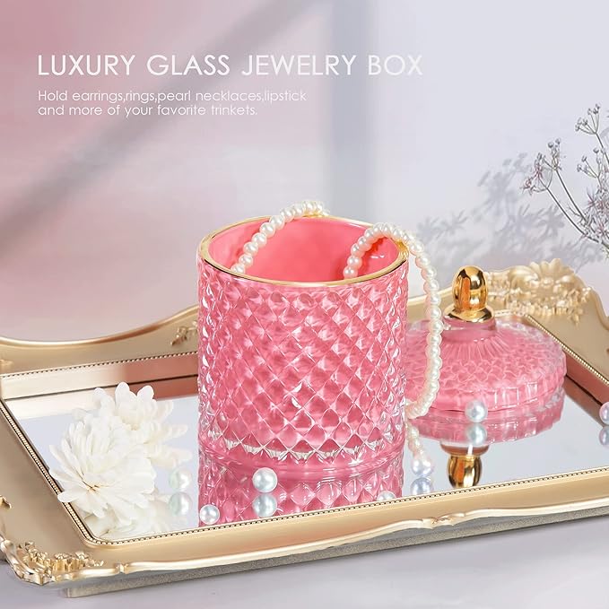 Pink Candy Jar, Glass Candy Dish with Lid, Crystal Apothocary Jars with Lids Jewelry Box with Lids, Decorative Glass Jar Gifts for Women