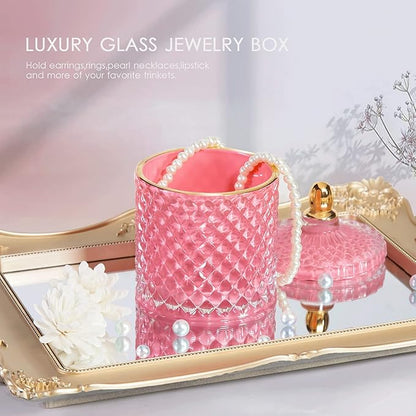 Pink Candy Jar, Glass Candy Dish with Lid, Crystal Apothocary Jars with Lids Jewelry Box with Lids, Decorative Glass Jar Gifts for Women