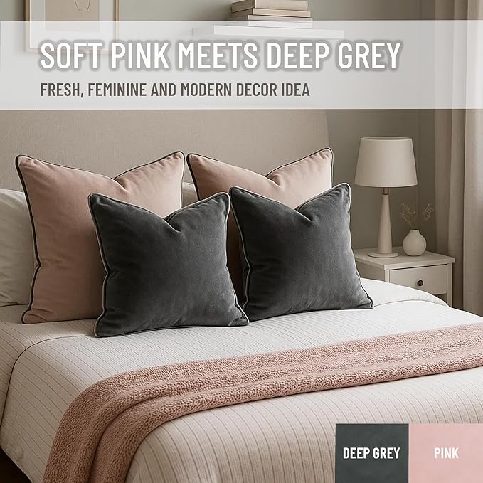 2 Pack Velvet Decorative Throw Pillow Covers, 20"x20", Deep Grey, Solid, Modern, Contrast Piping, Indoor Use, Bedroom & Living Room