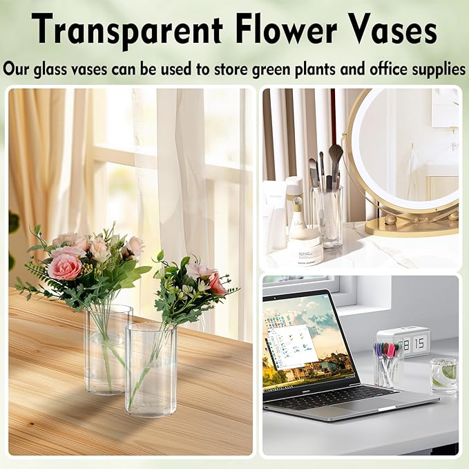 6pcs Glass Cylinder Vases for Centerpieces, 6 Inch Tall Clear Ribbed Vases Bulk for Wedding Glass Floating Candle Holder for Dinner Table, Fireplace, Party, Home Decor