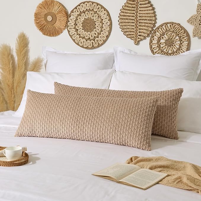 Kevin Textile 20x54 Inch Long Body Lumbar 1 Pack Boho Decorative Throw Pillow Cover Soft Striped Corduroy Rectangle Cushion Case Farmhouse Accent for Living Room Couch Sofa Bed, Tan