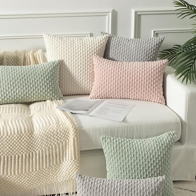 Kevin Textile Pillow Covers Decorative Set of 2 Striped Corduroy Plush Velvet Christma Pillowcases Cushion Cover for Couch 16x16 Inch Cream