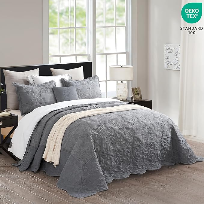 HZ & HY Oversized King Bedspread, Quilted Coverlet Bedding Set, Lightweight Thin Comforter, Reversible, Luxurious, 5 Piece, 100% Microfiber, Grey