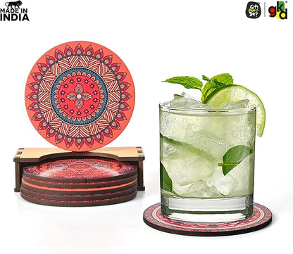 Coaster Set of 6 Fine Mandala Art Wooden Coasters with Proper Coaster Stand Set Fit for Tea Cups, Coffee Mugs and Glasses (3.5 X 3.5 Inch, Fine Mandala Design) Rangoli