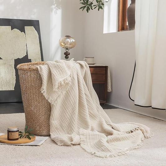 FOSSA Muslin Blanket with Fringe -4-Layer 100% Cotton Gauze Super Soft & Breathable Throw -Lightweight Decorative Cooling Blanket for Bed, Sofa, Office -Twin XL Size 66" × 90" (Beige)