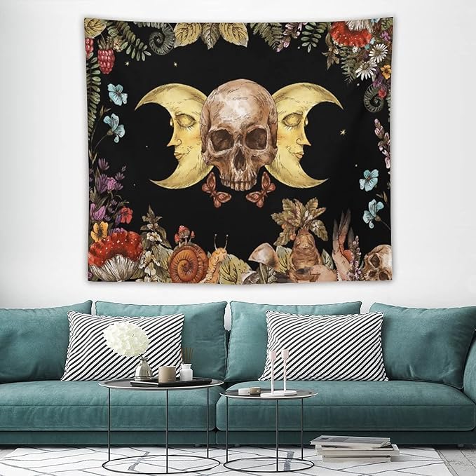 Boho Moon Skull Tapestry,Vintage Sun Moon Hippie Mushroom Floral Plant Tapestries Wall Hanging for Dorm Living Room Bedroom Decor(50"x60")