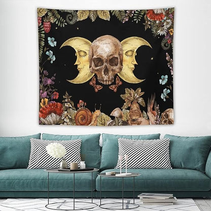 Boho Moon Skull Tapestry,Vintage Sun Moon Hippie Mushroom Floral Plant Tapestries Wall Hanging for Dorm Living Room Bedroom Decor(50"x60")