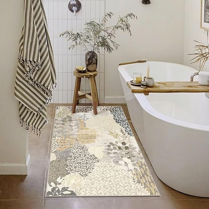 DEXDE 2x3 Area Rug, Small Boho Rugs Entryway Doormat Indoor Machine Washable Non-Slip Abstract Botanical Leaves Floral Print Floor Carpet for Living Room Bedroom Office Playroom, Gray