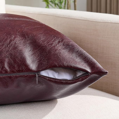 Fancy Homi 2 Packs Burgundy Faux Leather Decorative Throw Pillow Covers 18x18 Inch for Living Room Couch Bed Sofa, Farmhouse Boho Home Decor, Wine Red Hand Stitched Accent Square Cushion Case 45x45 cm