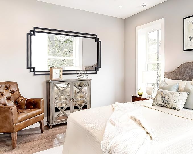 30" x 59" Large Wall Mirror for Decor, Black Decorative Mirror with Irregular and Rectangular Metal Frame, Black Large Bathroom Mirror Above Sink, Hang Vertically or Horizontally