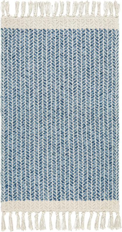 Lahome Boho Bathroom Rugs, Small 2x3 Front Door Bath Mats Lightweight Entryway Rug Woven Cotton Area Rug with Tassels, Farmhouse Blue Throw Rug Washable Low Pile Carpet for Kitchen