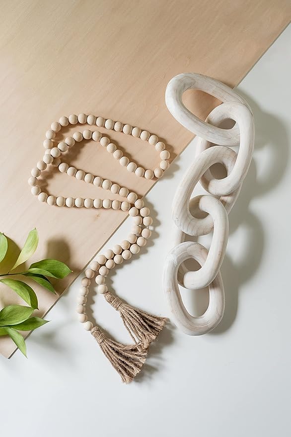 Decorative Wood Chain Link and Bead Garland Set | Coffee Table Decor | Modern Farmhouse Decor Set | Bookshelf Decor | Boho Decorations for Living Room Bedroom Entryway | Book Decor I White