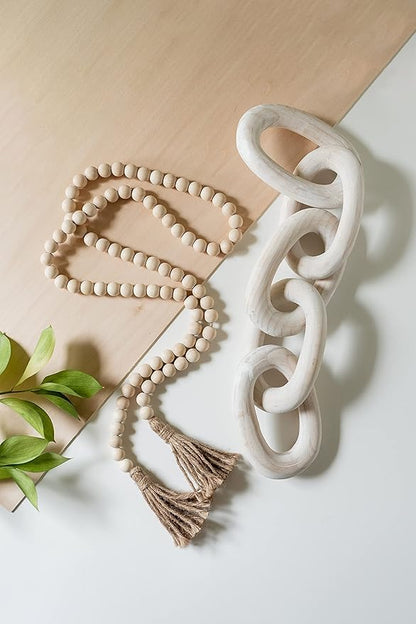 Decorative Wood Chain Link and Bead Garland Set | Coffee Table Decor | Modern Farmhouse Decor Set | Bookshelf Decor | Boho Decorations for Living Room Bedroom Entryway | Book Decor I White