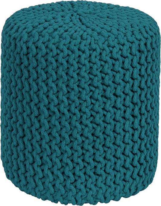 COTTON CRAFT Braided Round Pouf - Hand Knitted Cotton Cord Cable Dori Cylindrical Ottoman - Foot Stool - Floor Pouf - Footrest - Accent Seat - Living Room Bedroom Dorm Décor - 15 Round x 16 H - Teal