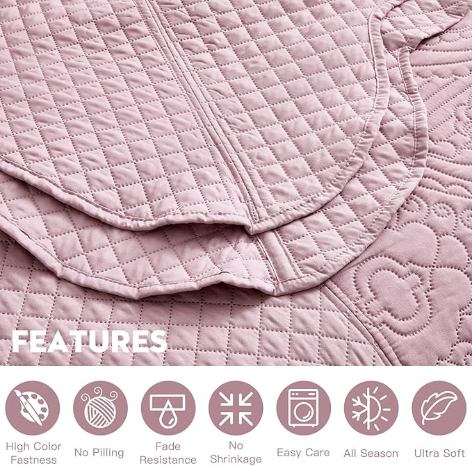 HZ & HY Oversized King Bedspread 128x120 Extra Wide, Ultrasonic Coverlet Bedding Set, Lightweight Thin Comforter, Reversible, 5 Piece, 100% Microfiber, Mauve Shadows