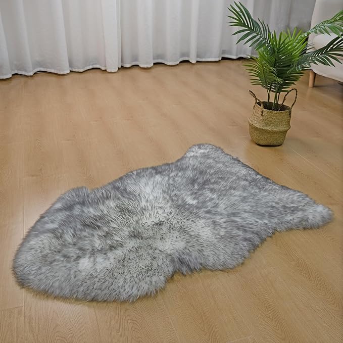Genuine Sheepskin Rug New Zealand Fluffy Lambskin Rug, Natural Luxury Sheepskin Throw for Bedroom Living Room Children's Room - Premium Area Rug Chair Cover (2×3 Feet, Grey Tip)