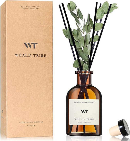 WEALD TRIBE Flower Reed Diffuser Set Eucalyptus & Lavender Scent For Bathroom Accessories Shelf Decor & Air Fresheners, Sticks Defusers With 4.0 fl oz Essential Oils, House Bedroom Office Decor & Gift