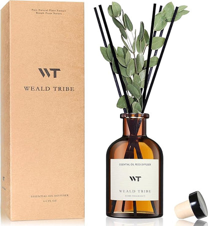 WEALD TRIBE Reed Diffuser Set for Bathroom Air Fresheners, Oil Diffuser Sticks with Flower | Eucalyptus & Mint Scent 4.0 fl oz Home Fragrance with Sticks Defusers | House Bedroom Office Shelf Decor