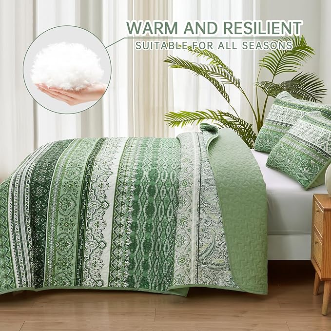 WONGS BEDDING Boho King Quilt Set, Light Green Bohemian Quilt Bedding Set, Lightweight Bed Decor Bedspread for All Season Reversible Microfiber Coverlet Bedding Set 103"x90"(3 Pieces)