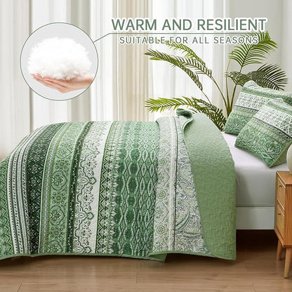 WONGS BEDDING Boho King Quilt Set, Light Green Bohemian Quilt Bedding Set, Lightweight Bed Decor Bedspread for All Season Reversible Microfiber Coverlet Bedding Set 103"x90"(3 Pieces)