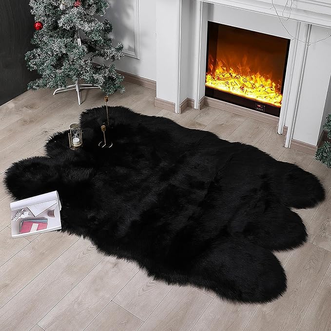 Faux Fur Rug Sheepskin Shag Fluffy Fuzzy Black 4x6 ft Rugs for Bedroom Bedside Bed Floor Living Room Plush High-Density Cushion Carpet Super Sofa Cover