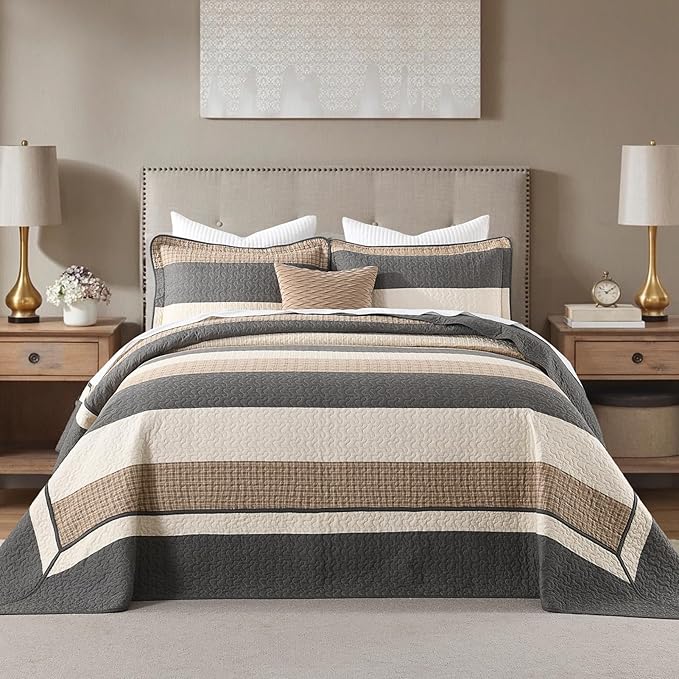 Finlonte Striped Bedspread Set Overszied Queen Size Lightweight Quilted Bed Spread Comforter Sets, Charcoal/Brown/Beige