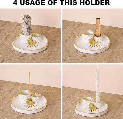 Ceramic Incense Holder Burner, Sage Holder for Burning, Palo Santo Sticks Holder, 5.51" Ash Catch Tray, Smudge Dish for Meditation Yoga, Modern Home Decor Gift