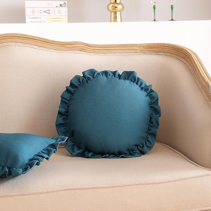 ISAENNE Classic Blue Round Throw Pillow Cover Diameter 16", Solid Color Farmhouse Linen Cotton Decoration Pillow Cover with Ruffles, Sturdy Throw Pillow Case for Couch Sofa Bed Living Room