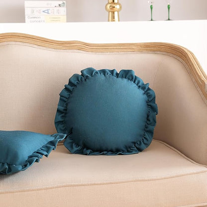 ISAENNE Classic Blue Round Throw Pillow Cover Diameter 16", Solid Color Farmhouse Linen Cotton Decoration Pillow Cover with Ruffles, Sturdy Throw Pillow Case for Couch Sofa Bed Living Room