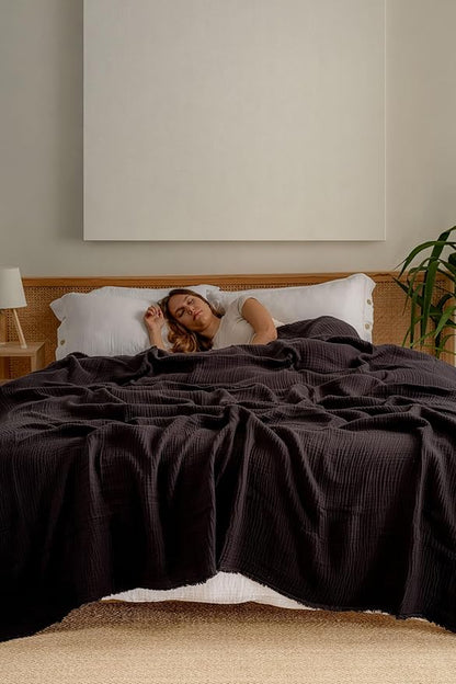 Muslin Blanket - Pure 100% Turkish Cotton Airy Soft Light Versatile Gauze Throw Blanket for Bed, Couch, Sofa (Black, Queen XL Size (95" x 95" inch))