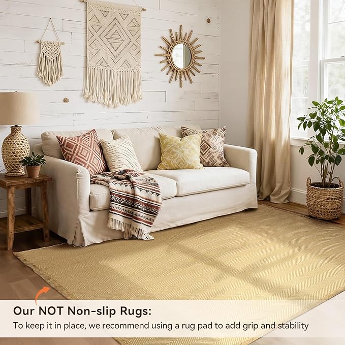 BESTSWEETIE 9x12 Washable Rug Hand-Woven Low Pile Soft Modern Farmhouse Bohemian Decor Reversible Braided Rugs with Tassels Throw Carpet for Living Room Bedroom Entryway Bathroom, Natural Jute