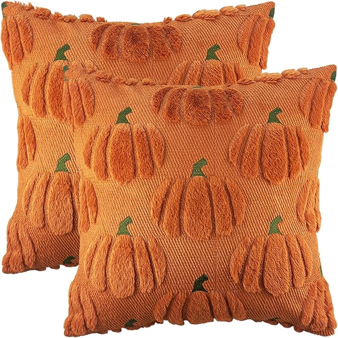 Fall Pumpkin Decorative Throw Pillow Covers 16x16 Set of 2 Pillow Covers, Faux Fur Square Pillow Cover Fluffy Plush Accent Throw Pillow Case, Throw Pillow Cover Cushion Cover for Autumn