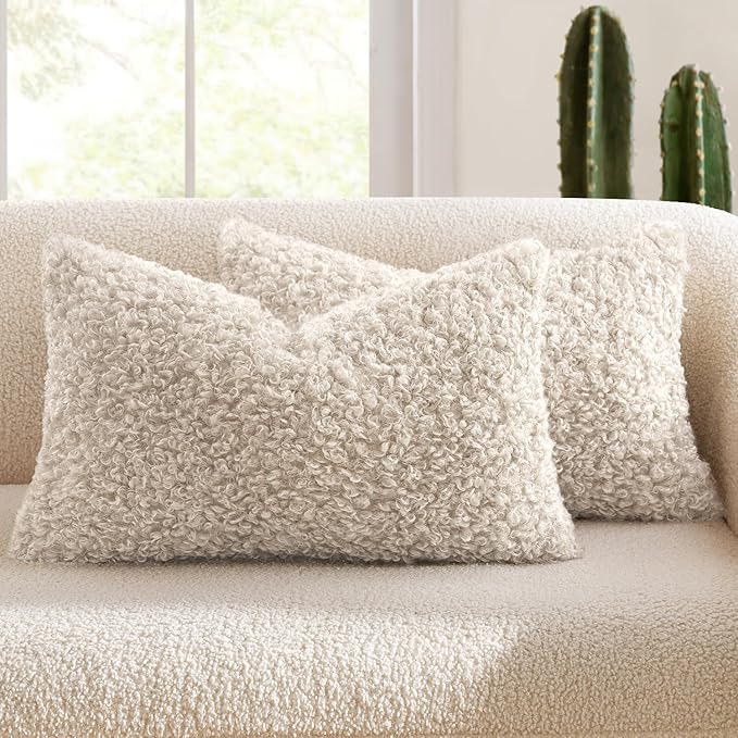 MIULEE Pack of 2 Lumbar Faux Fur Throw Pillow Covers 12x20 Inch Neutral Light Beige Boucle Decorative Sherpa Pillow Covers Fuzzy Accent Soft Sheepskin Fleece for Boho Home Decor Living Room Bed Chair